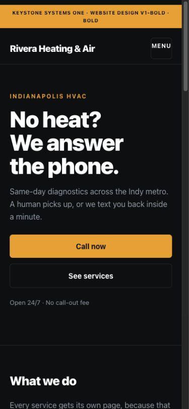 A fictional heating and air website with bold typography and a clear call button