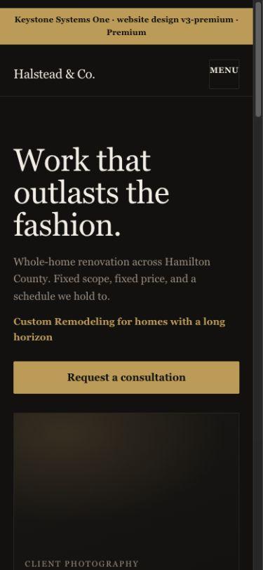 A fictional remodeling website with editorial typography and a consultation request